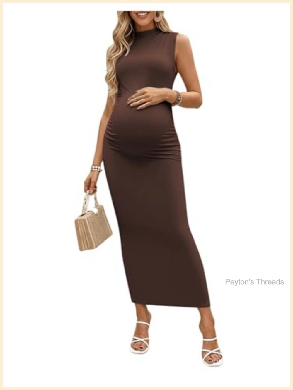 Women's Maternity Mock Neck Sleeveless Ruched Bodycon Maxi Dress